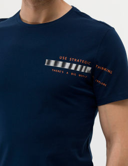 Lacivert Slim Fit Bask_l_ Bisiklet Yaka Ti__rt