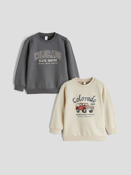 Bask?l? Erkek ?ocuk Kal?n Sweatshirt 2li