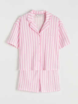 G?mlek Yaka ?izgili Kad?n ?ortlu Pijama Tak?m?