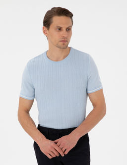 A__k Mavi Slim Fit Bisiklet Yaka Triko Kazak