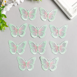 Цена за 10 шт. Декор для творчества текстиль вышивка Бабочка зелёно-розовая, 4.3?5.5 см
