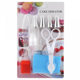 Кондитерский набор 9 предметов Мастер: мешок для крема п/эт 26см; насадка из нержавеющей стали - 4 штуки, д1,3см, h3,2см; фиксатор винтовой для насадок пластик; ножницы пластик; гвоздик держатель 6см, нержавеющая сталь; кисточка 16см силикон/пласти