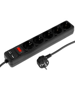 Сетевой фильтр TANGO, 5 гнезд с 2×USB, 1,8м, 10 А, 2200 Вт, с з/к, черный