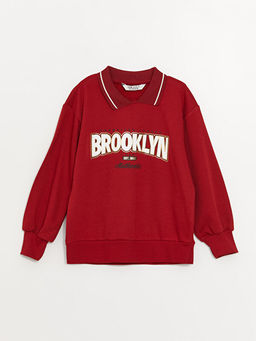 Polo Yaka Bask?l? Uzun Kollu K?z ?ocuk Sweatshirt
