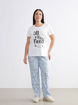 B?y?k Beden Bisiklet Yaka Bask?l? Kad?n Pijama Tak?m?