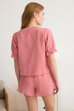 Trendyolmilla Mavi Dokulu Potikareli Baglama/Kurdele/Fiyonk Detayl? Sortlu Dokuma Pijama Tak?m? THMSS24PT00149  фото 23