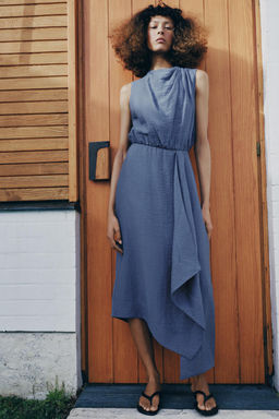 VESTIDO MIDI MANGA SISA CON LINO / Azul lavado - Zara фото 5