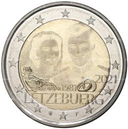 Монета 2 евро 2021 года Люксембург 40 лет бракосочетанию Великого Герцога Анри и Великой Герцогини Марии-Терезы (Плоский чекан лазерная гравировка)
