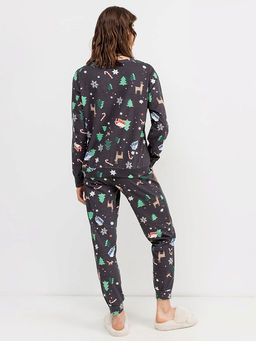 Хлопковый комплект (джемпер, брюки) в графитовом цвете с принтом в виде оленей - Mark formelle фото 3