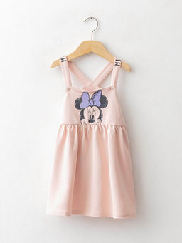 Kare Yaka Ask?l? Minnie Mouse Bask?l? Pamuklu K?z Bebek Elbise