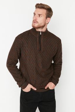 TRENDYOL MAN Kahverengi Slim Fit Dar Kesim Yar?m Bal?kc? Yaka Fermuarl? Triko Kazak TMNAW23KZ00175 - Trendyolmilla фото 2