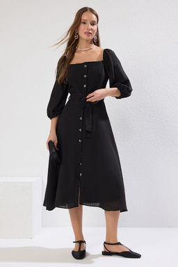 TRENDYOLMILLA Ekru Kusakl? Midi Dugmeli Kare Yaka Dokuma Keten Gorunumlu Elbise TWOSS19IE0009