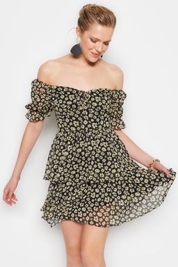 Siyah Cicekli Etegi Volanl? Skater/Belden Ac?lan Sifon Mini Astarl? Dokuma Elbise TWOSS22EL2772
