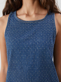 Bisiklet Yaka Kendinden Desenli Mini Jean Elbise