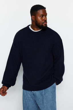 TRENDYOL MAN Lacivert Buyuk Beden Oversize Fit Genis Kal?p Bisiklet Yaka Basic Triko Kazak TMNAW24AN00001