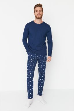 TRENDYOL MAN Lacivert %100 Pamuk Regular Fit Bask?l? Orme %100 Pamuk Pijama Tak?m? TMNAW23PT00029