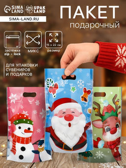 Цена за 50 шт. Пакет подарочный новогодний «Друзья дедушки Мороза», с zip-lock застежкой, МИКС, 15×22 см
