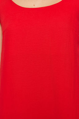 K?rm?z? Duz Kesim Y?rtmacl? Ask?l? Midi Dokuma Elbise TWOSS23EL00413