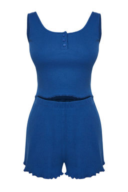 Trendyolmilla Ind?go Dugme Detayl? Fitilli Sortlu Orme Pijama Tak?m? THMSS23PT00179 фото 6