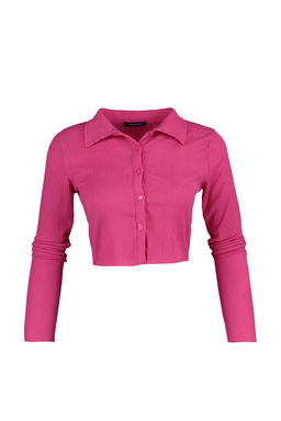 Fusya Dugmeli Fitted/Vucuda Oturan Polo Yaka Burumcuk/Dokulu Crop Orme Bluz TWOAW22BZ0241