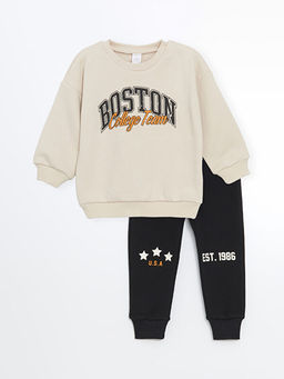 Bisiklet Yaka Bask?l? Erkek Bebek Sweatshirt ve E?ofman Alt 2li Tak?m