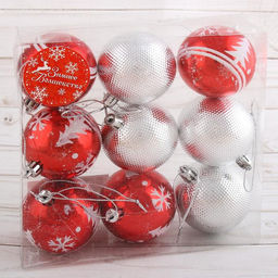 Ёлочные игрушки Аллегро ёлочки, шары новогодние, d=6 см, набор 9 шт., красный серебро - Зимнее волшебство фото 2