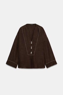 CAMISA CON LINO PESPUNTES CONTRASTE / Marr?n - Zara фото 3