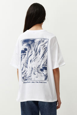 Beyaz %100 Pamuk S?rt ve On Bask?l? Oversize/Rahat Kesim Orme T-Shirt TWOSS24TS00234