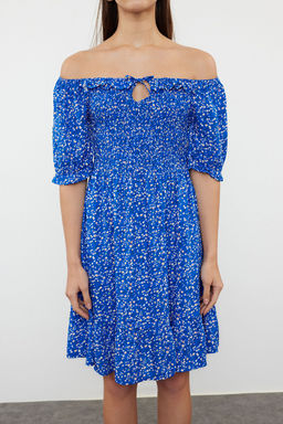 Mavi Cicekli Desenli Skater Etekli Carmen Yaka Viskon Dokuma Elbise TWOSS24EL01033