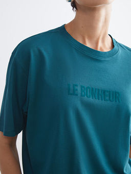 Bisiklet Yaka Bask?l? Oversize Kad?n Ti??rt