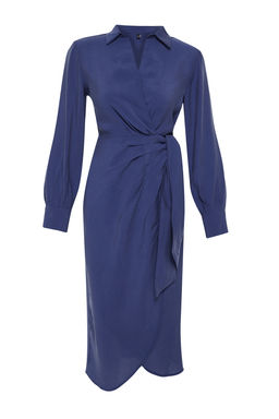 TRENDYOLMILLA Indigo Kruvaze Baglama Detayl? Midi Dokuma Elbise TWOSS24EL00521  фото 8