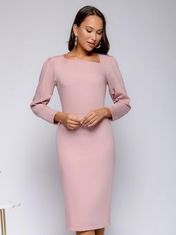 Платье розовое длины миди с асимметричным воротом и длинными рукавами - 1001dress фото 2