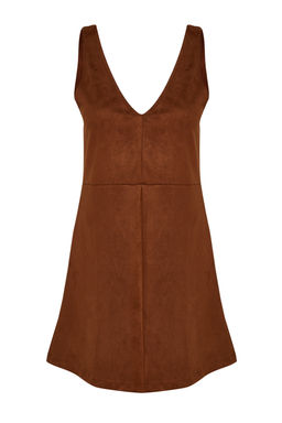Kahverengi V Yaka Jile Suet Mini Orme Elbise TWOAW24EL00543
