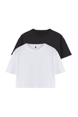 TRENDYOLMILLA Siyah-Beyaz Premium %100 Pamuk Relaxed/Rahat Kal?p Crop Orme T-Shirt TWOSS25TS00137 фото 7