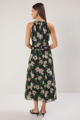 Siyah Cicekli Etegi Belden Ac?lan Sifon Ucus Ucus Dokuma Midi Elbise TWOSS25EL00553 - Trendyolmilla фото 4