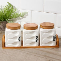 Банки для хранения сыпучих на деревянной подставке «Эстет. Волны», 3 предмета: 900 мл, 12×14.5 см, керамические, белые