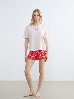 Fiyonk Bask?l? Kad?n ?ortlu Pijama Tak?m?