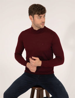 Bordo Slim Fit Yar_m Bal_k__ Yaka Y_n Kar___ml_ Basic Triko Kazak - Pierre cardin фото 3