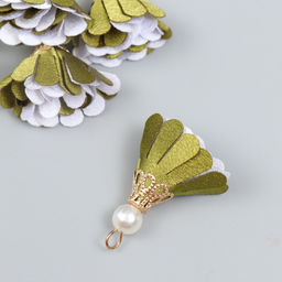Декор текстиль Цветок 2 с жемчужиной. Оливковый и белый, набор 6 шт., 3 см