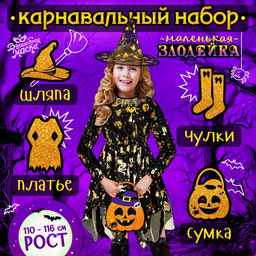 Карнавальный костюм «Ведьма»: платье, шляпа, чулки, сумка, рост 110-116 см