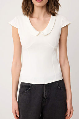Ekru Regular/Normal Kal?p Bebe Yaka Kolsuz Interlok Orme Bluz TWOSS26BZ00342