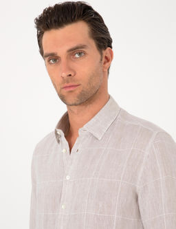 Bej Regular Fit Kareli %100 Keten G_mlek - Cacharel фото 2