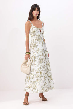 Yesil Cicekli Keten Gorunumlu Dokuma Elbise TWOSS26EL00664