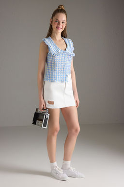 TRENDYOLMILLA Beyaz Y?rt?k Detayl? Pacas? Kesikli Yuksek Bel Mini Denim Etek TWOSS25ET00132  фото 2