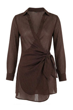 Kahverengi Dokuma Mini Regular Tul Plaj Elbisesi TBESS26EL00026