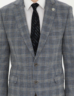 Gri Ex. Slim Fit Y_n Kar___ml_ Ekose Ceket
