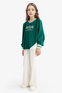 %100 Pamuk Oversize Geni_ Kal_p V Yaka Bask_l_ Okul Sweatshirt K_z _ocuk - Defacto фото 2