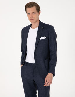 Lacivert Ex. Slim Fit Y_n Kar___ml_ Ekose Tak_m Elbise