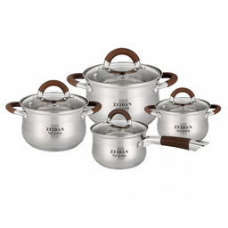 "Zeidan" Набор посуды из нержавеющей стали 4 предмета: кастрюли 2,0л д16см, h9см; 3,0л д18см, 10,5см, 4л д20см, h11,5см, сотейник 1,5л д16см, h7,5см, стеклянные крышки, ручки с силиконовым покрытием, комбинированная полировка снаружи, зеркальная поли