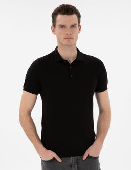 Siyah Slim Fit D__meli Polo Yaka Triko Ti__rt
